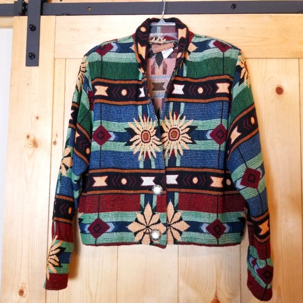 Vintage Painted Pony Southwest Aztec Tapestry Coat